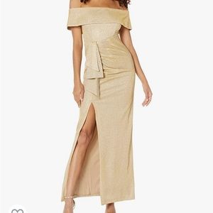 Xscape off the shoulder long glitter metallic dress with ruffle